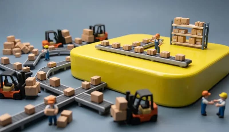 Miniaturwelt: Ein gerades Förderband mit ordentlichen Paketen auf einem gelben Chip, ringsum verknotete Bänder und Gabelstapler im Stau