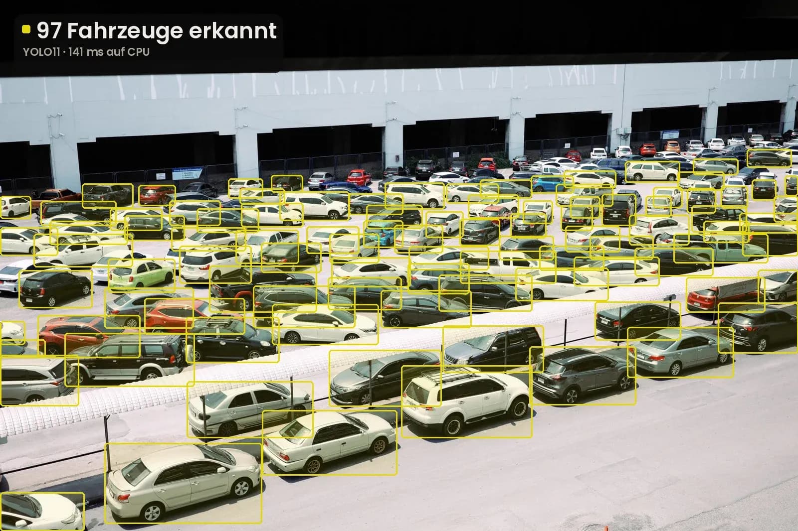 Parkdeck, 97 Fahrzeuge von der KI markiert