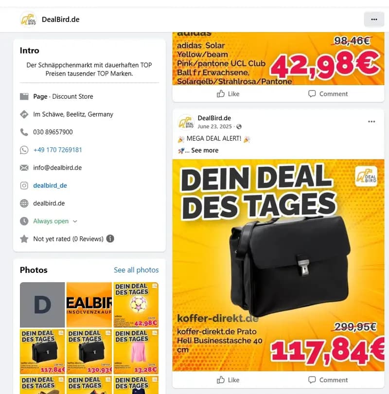 Facebook-Seite mit „Dein Deal des Tages“-Beitrag