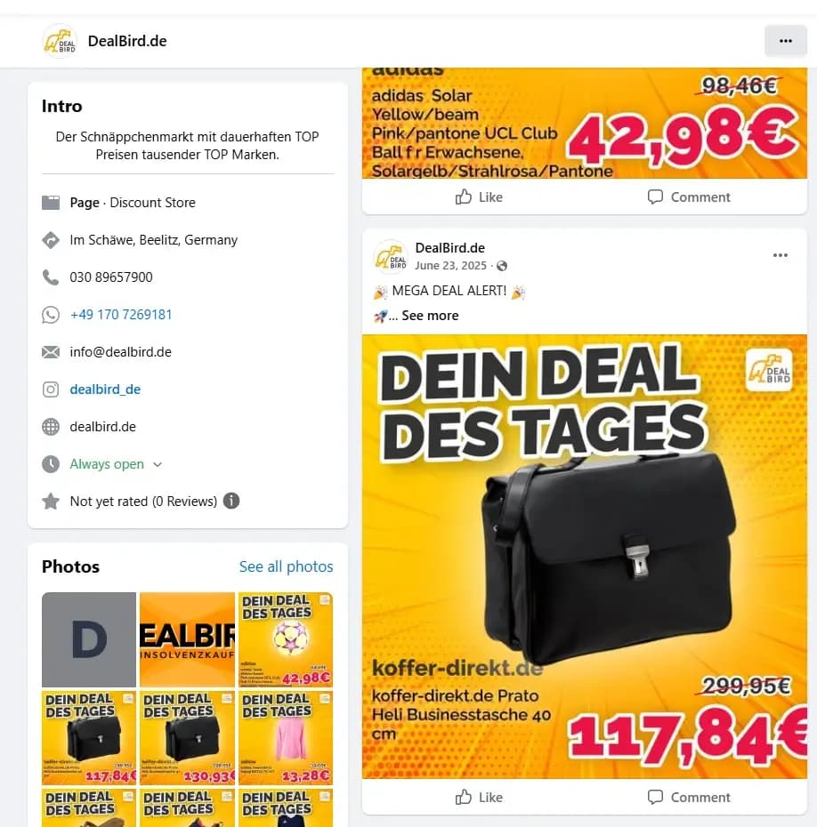 Facebook-Seite mit „Dein Deal des Tages“-Beitrag