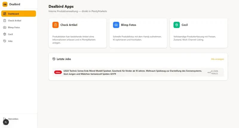 Startseite der Dealbird Apps mit den Werkzeugen Check Artikel, Blimp Fotos und Cecil