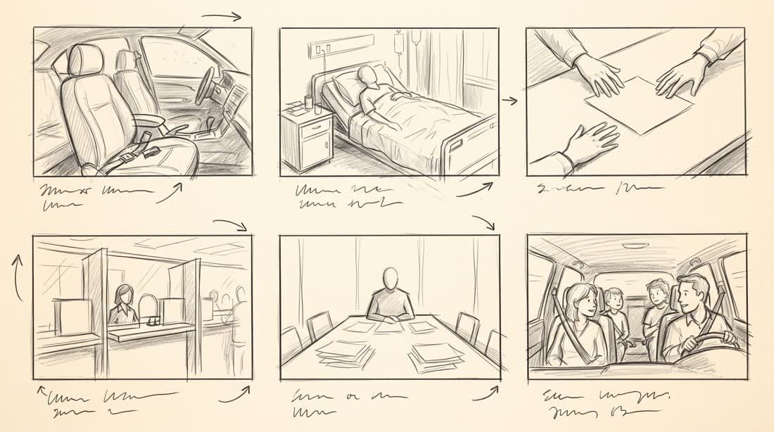 Gezeichnetes Storyboard mit dreizehn Einstellungen