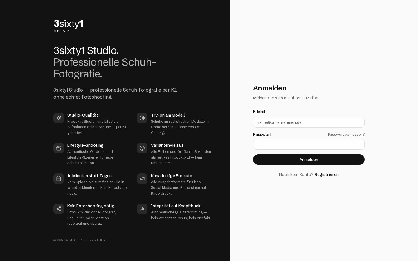Anmeldeseite von 361 Studio mit Funktionsübersicht