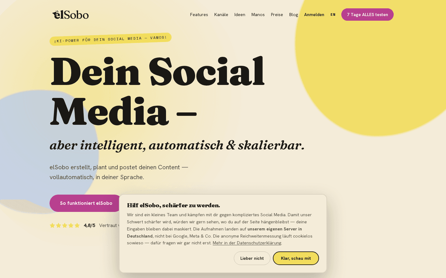 Startseite von elSobo: „Dein Social Media – aber intelligent“