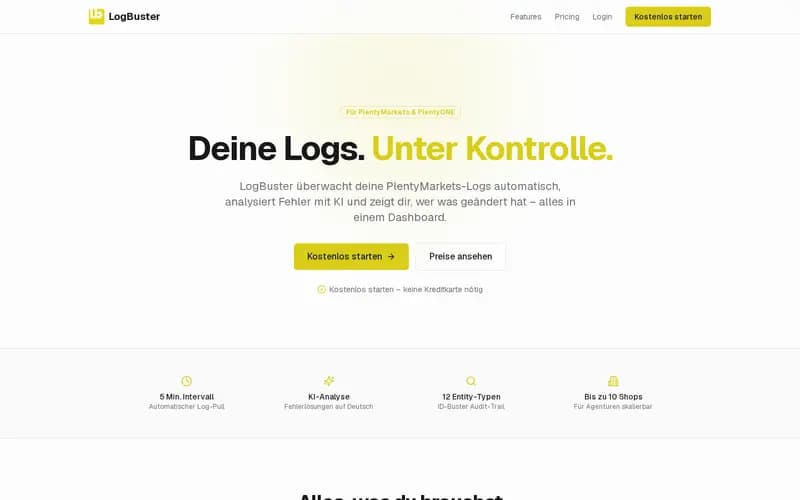 Startseite von LogBuster: „Deine Logs. Unter Kontrolle.“