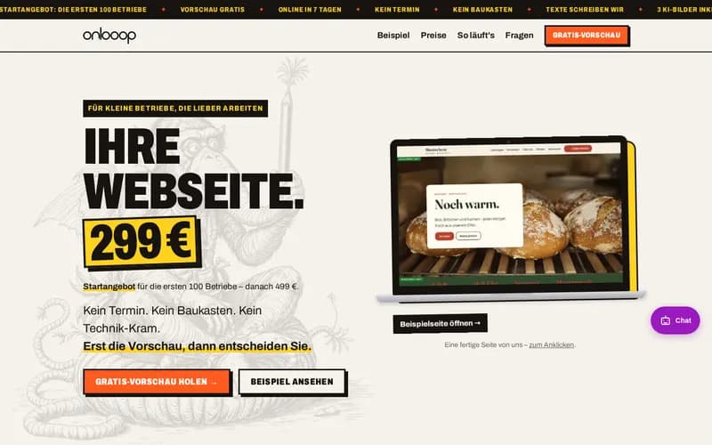 Startseite von Looop Web: „Ihre Webseite. 299 €“