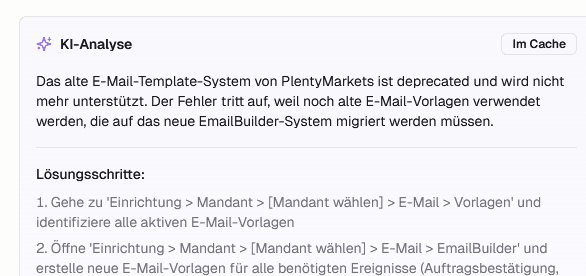 KI-Analyse eines Plenty-Fehlers mit Lösungsschritten
