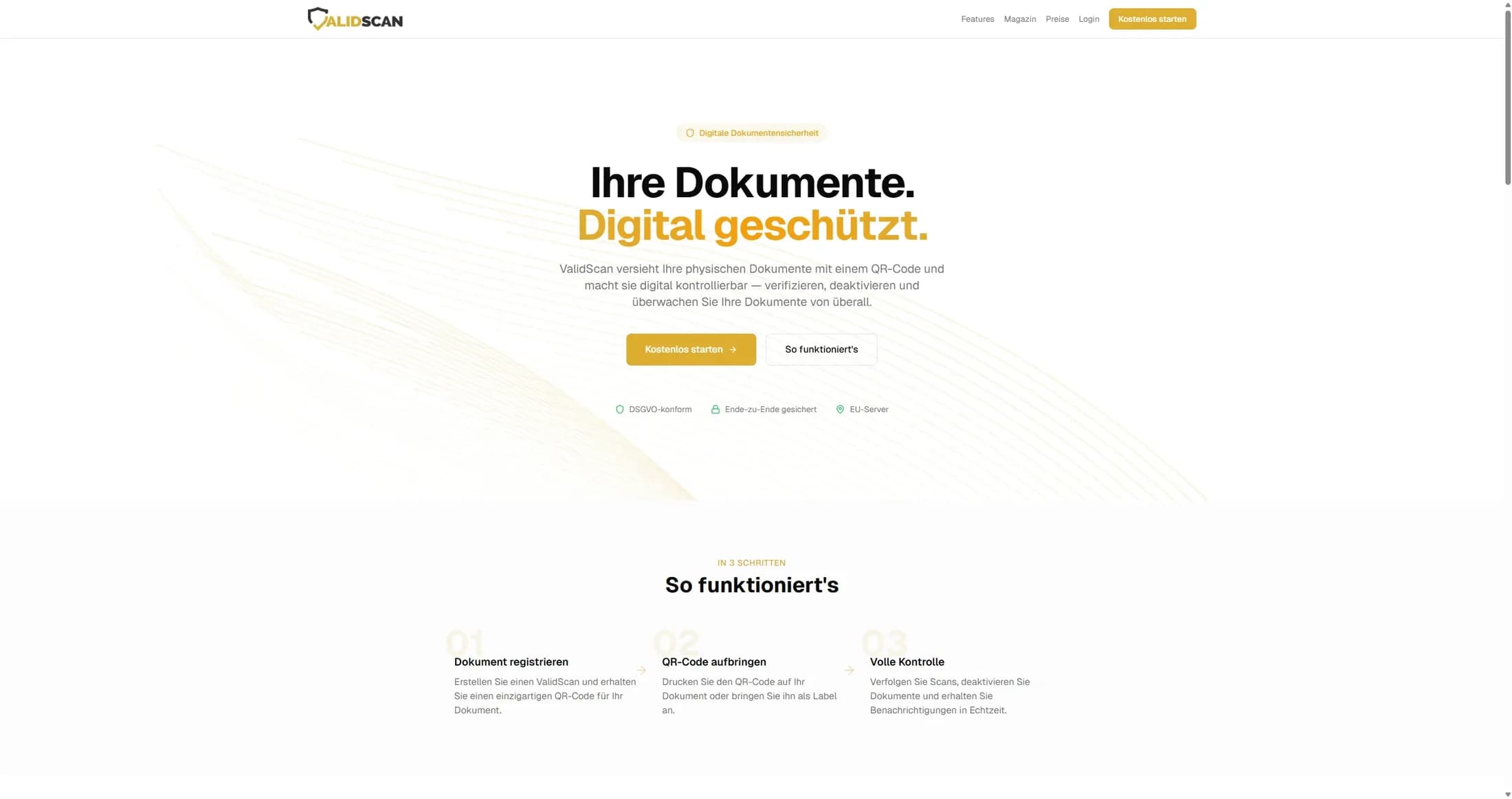 Startseite von ValidScan: „Ihre Dokumente. Digital geschützt.“