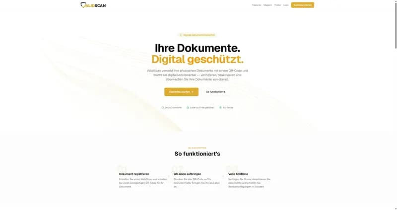 Startseite von ValidScan: „Ihre Dokumente. Digital geschützt.“