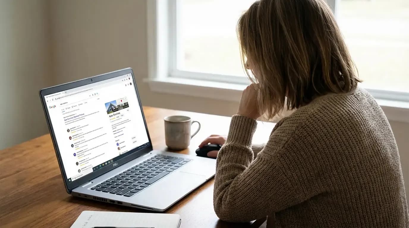 Person vergleicht Angebote am Laptop (KI-generiert)