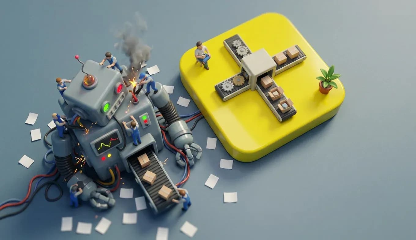 Miniaturwelt: Auf einem gelben Chip arbeitet eine einfache, saubere Maschinenstraße, ringsum ein übertriebener, qualmender KI-Roboterapparat im Chaos