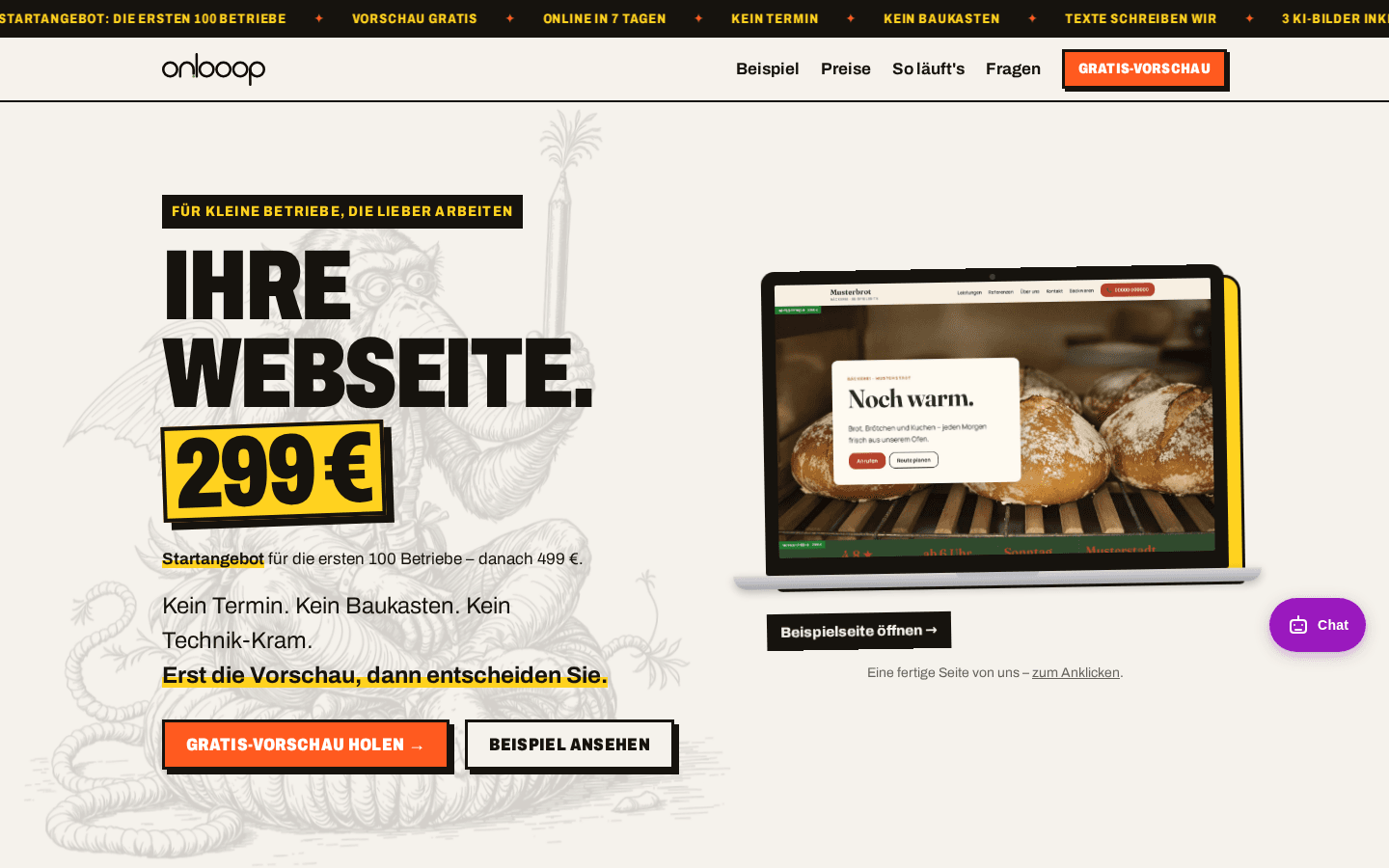 Startseite von Looop Web: „Ihre Webseite. 299 €“