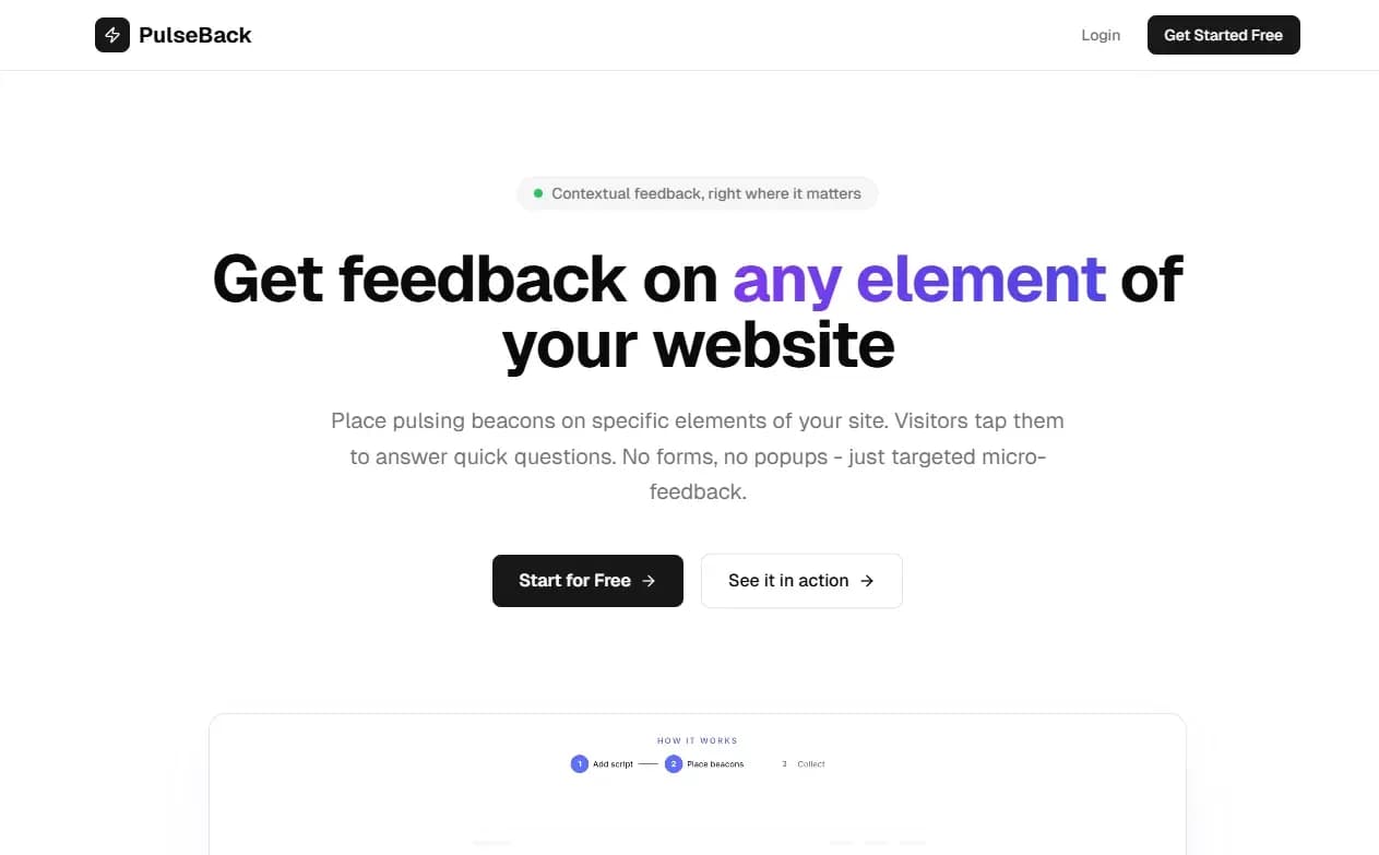 Startseite von PulseBack: „Get feedback on any element of your website“